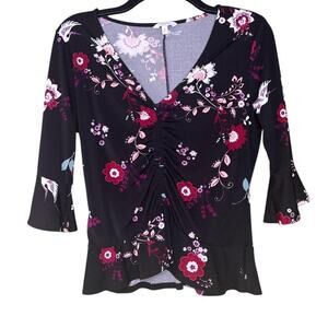 Candies Black Floral Y2K Flare Sleeve Blouse Cinched Front Peplum Bottom